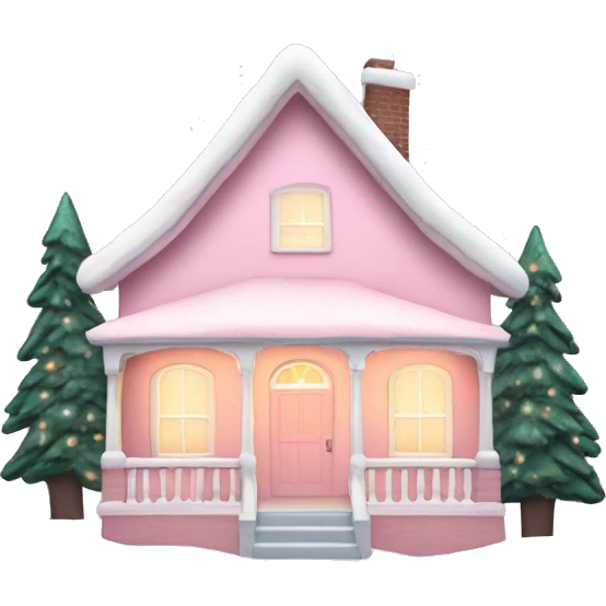 Pastel pink Christmas house with Christmas lights and evergreen trees emoji