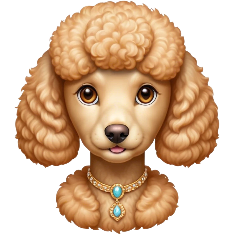 Cinematic Noble Apricot Poodle Portrait Emoji, Poised and regal, with a refined, elegant build and a meticulously groomed, curly apricot Fur, deep-set soulful warm eyes, Simplified yet sharp and sophisticated features, highly detailed, glowing with a soft, dignified glow, high shine, intelligent and graceful, stylized with an air of sophistication, focused and attentive, soft glowing outline, capturing the essence of a watchful and confident companion, so majestic it feels as though it could prance out of the screen with effortless authority! emoji