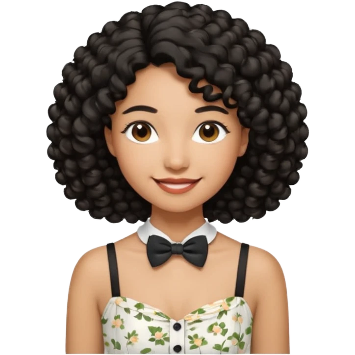 A young woman. She has voluminous, curly black hair that frames her face beautifully. Her skin tone is light Brown and glowing, and she has a subtle, natural makeup look. She’s smiling softly at the camera. She is wearing a white floral top with thin straps and a small bow tie detail in the front. emoji