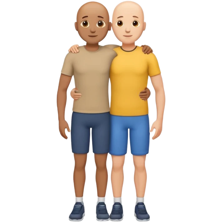 two fit bald men of different heights embracing, minimal background, emoji style emoji