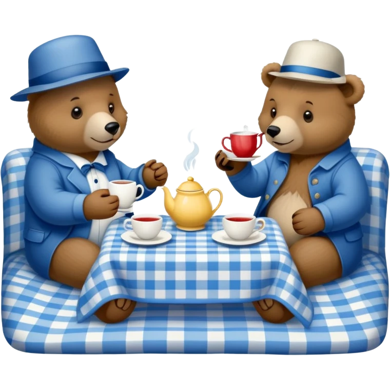 bears having a tea party on a blue and white plaid blanket  emoji