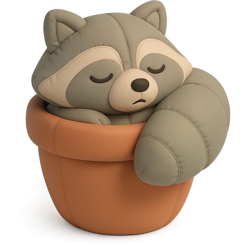 sleepy raccoon inside a flower pot, pastel earthy colors, cushion style emoji