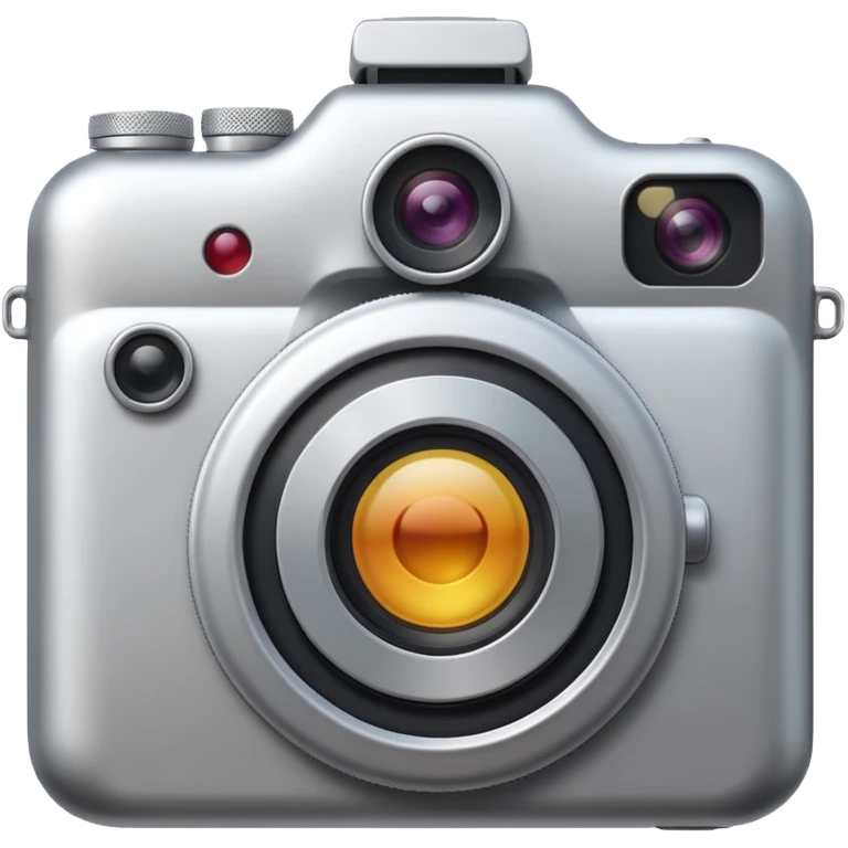 Minimal emoji icon of a modern metalic camera, front view, simple shapes, realistic lens,  emoji