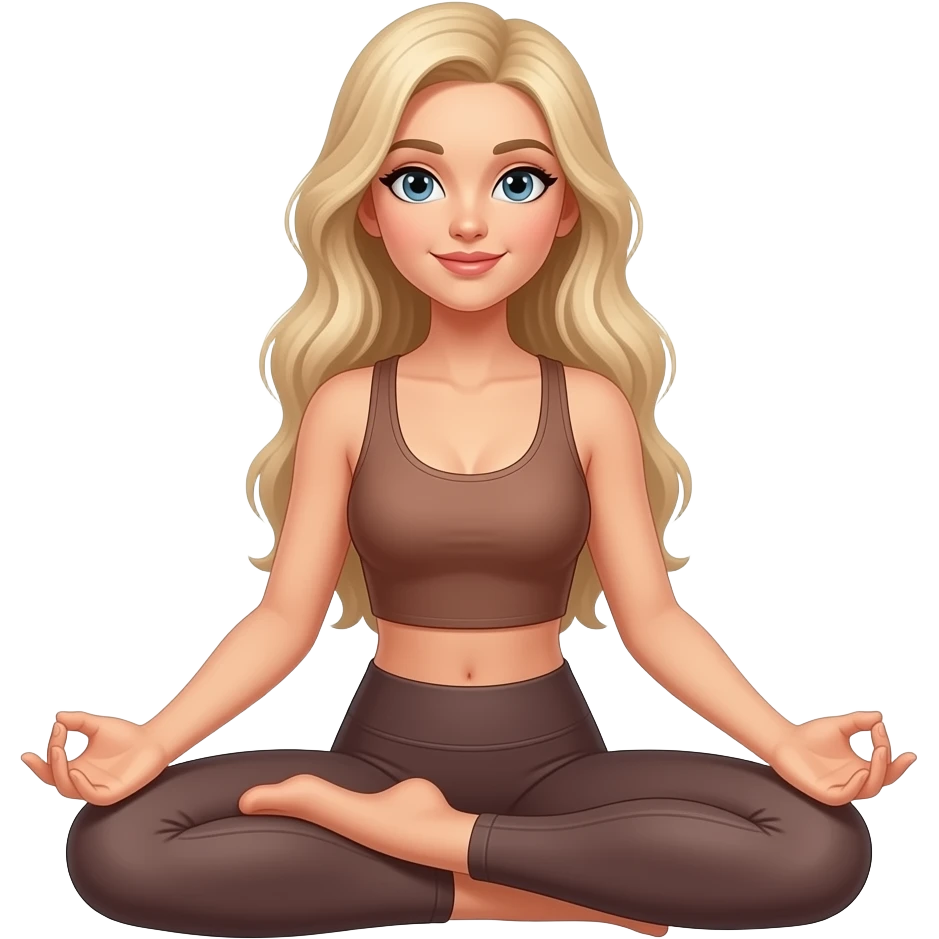 mulher loira cabelo longo, magra e longlínea sentada em posição de lotus, vestindo calça leggin e top marrons emoji