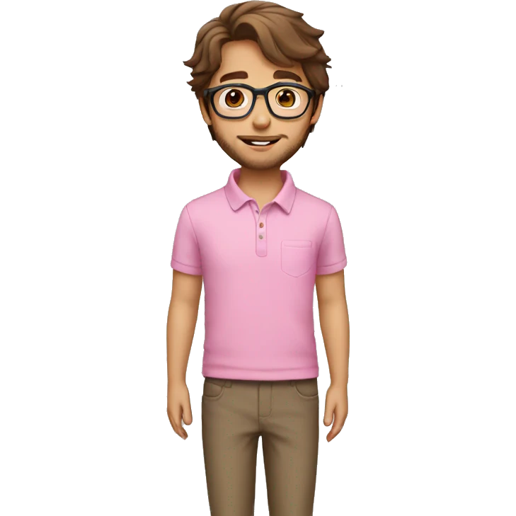 brown hair boy with beard small kids glasses and pink polo emoji