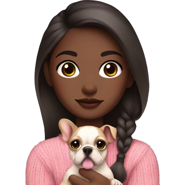 Dark brown haired girl, dark brown eyes, brown skin, long lashes, big 2 toned lips, pink sweater, holding a French bulldog in arms emoji
