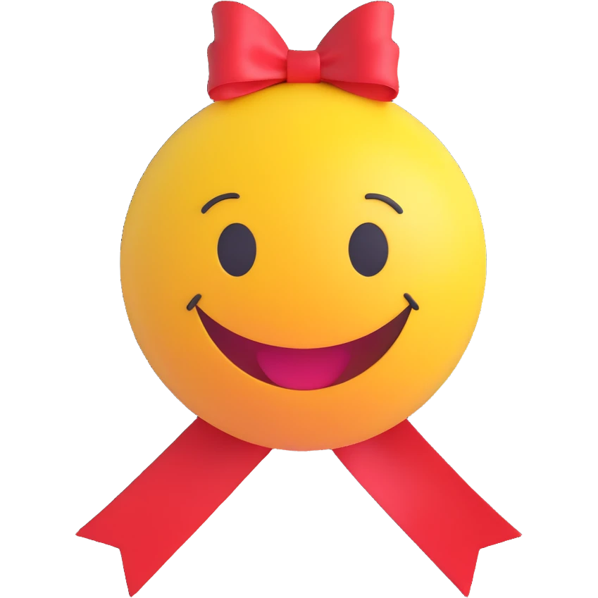 3D smiley emoji, round shape, red ribbon, lucky face emoji