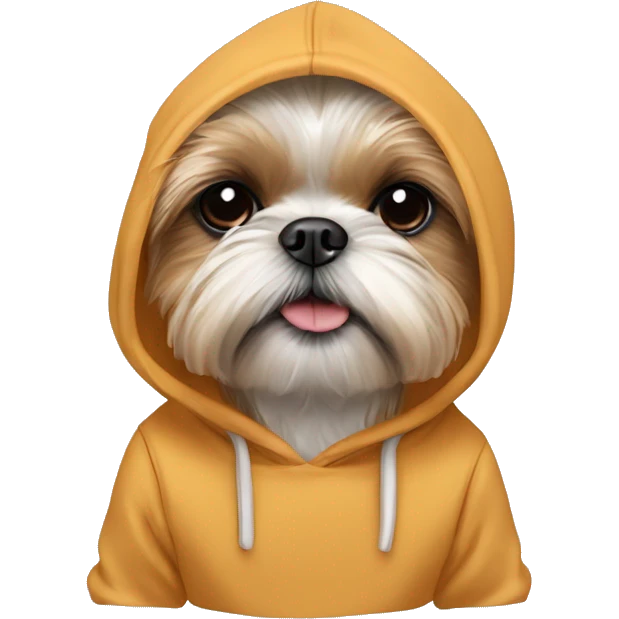 A butterscotch shih tzu/ Yorkie mix wearing a hoodie emoji