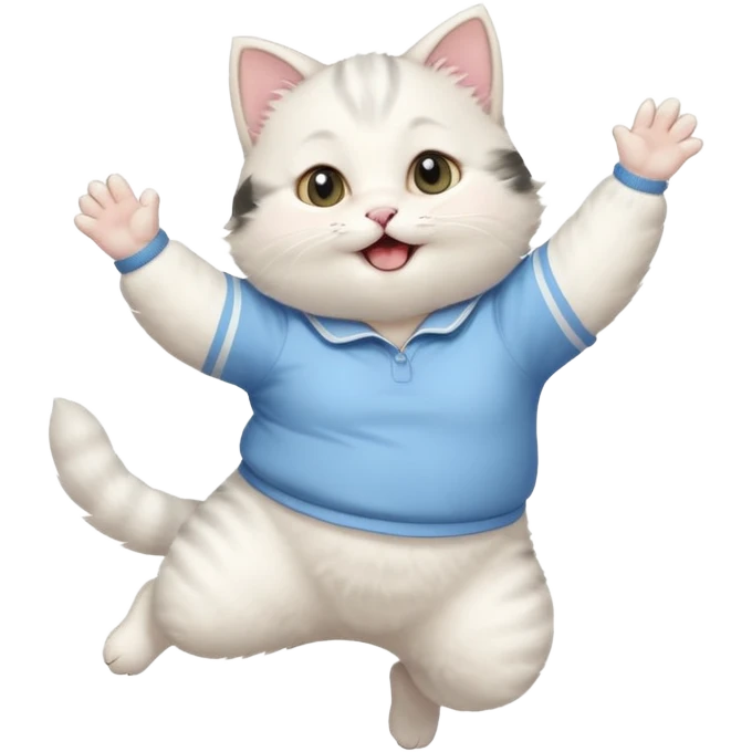 A chubby white kitten in pastel uniform jumping in cheer pose. emoji