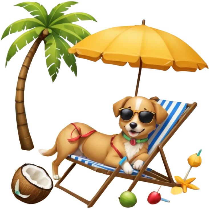 a dog laied on a beach chair, a sunny beach, a sun umbrella, and beach coconut trees. the icon should capture the essence of a relaxing beach vacation with a carefree atmosphere emoji