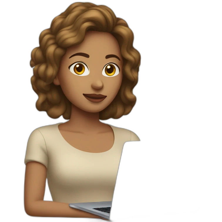 Mujer joven con cabello castaño claro con MacBook emoji