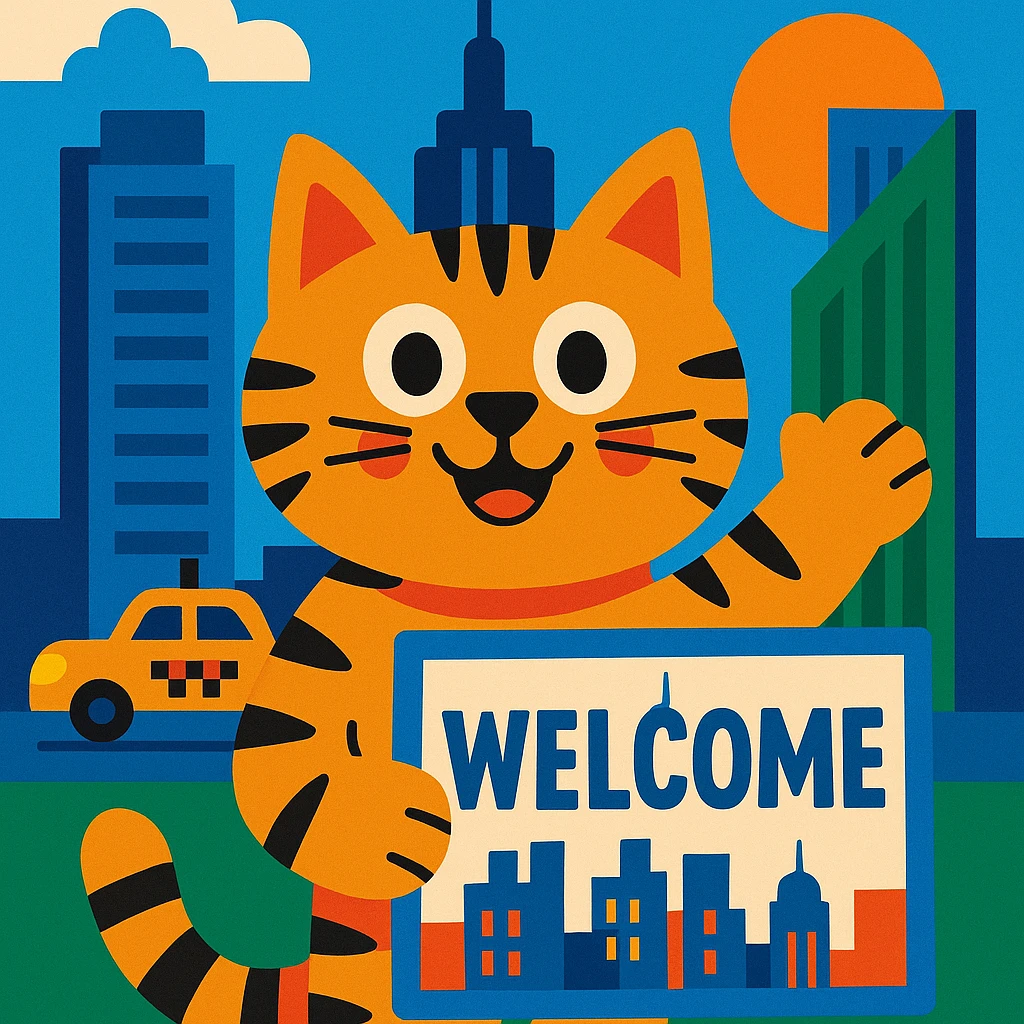 A New York themed cat holding up a welcome sign, with city elements like skyscrapers and a yellow taxi in the background, fun and inviting style, vibrant toon illustration emoji