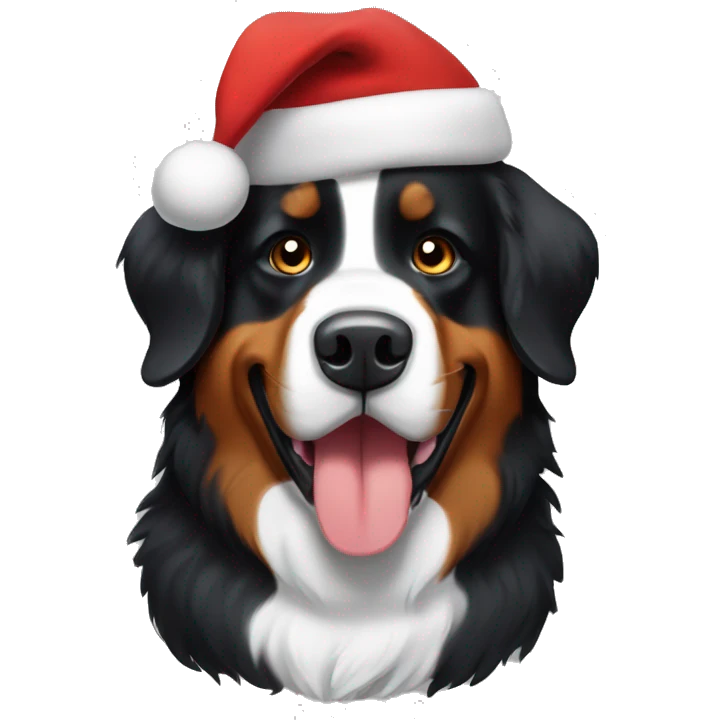 Bernese mountain dog wearing a Santa hat emoji