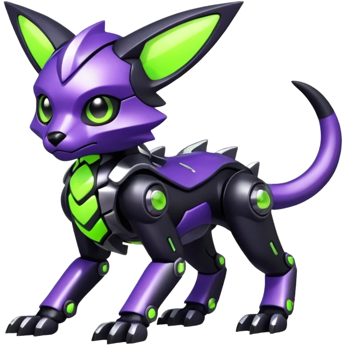 Futuristic modern mechanical badass cool shiny metallic alloy black-obsidian purple neon-green white lime animal hybrid Fakemon full body emoji