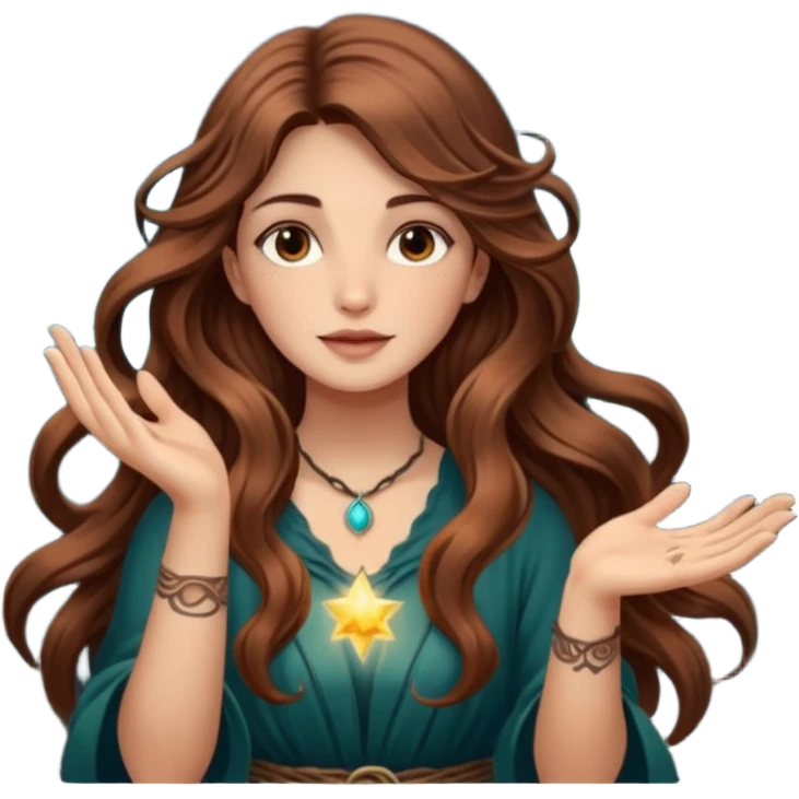 forest mystic woman long wavy brown hair tattoos catching falling moon spark in hands emoji