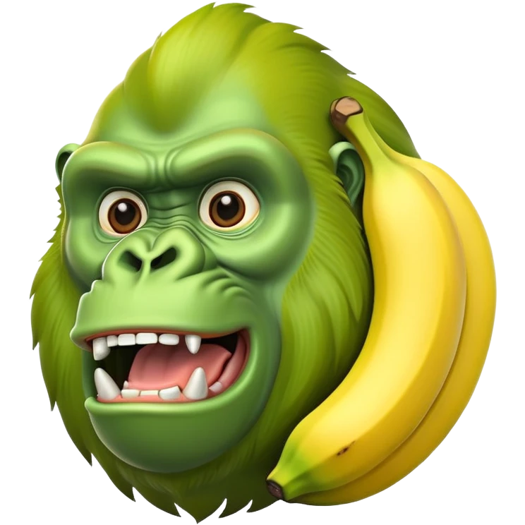 A yellow curved banana with a bright green gorilla head at the top, with gorilla facial features emoji
