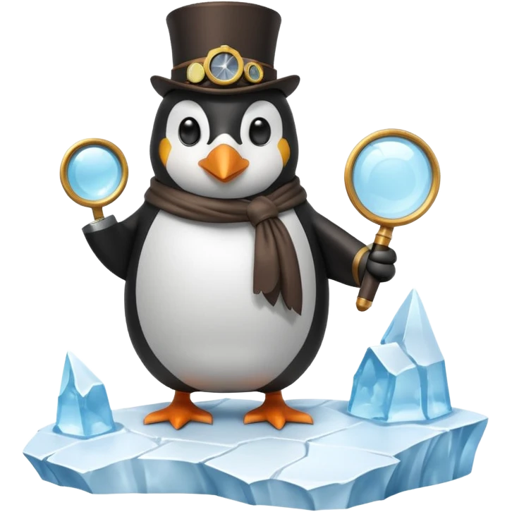 a steampunk engineer penguin analysing a data stream with a magnifying glass on top of an iceberg emoji