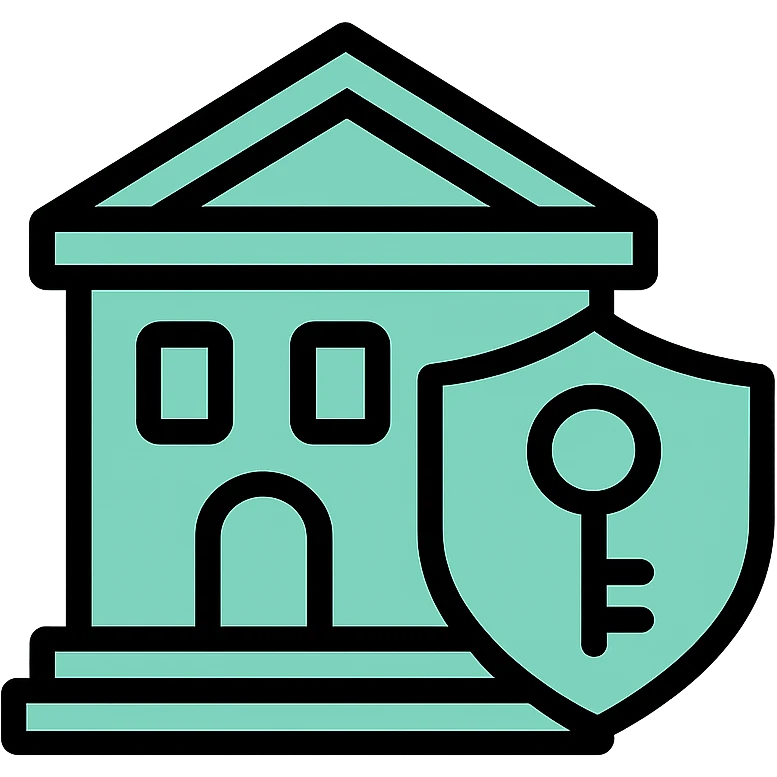 Public property building with shield and key, fluid dimensional design, techy style, black outlines with mint green #B5F4D3 fills emoji