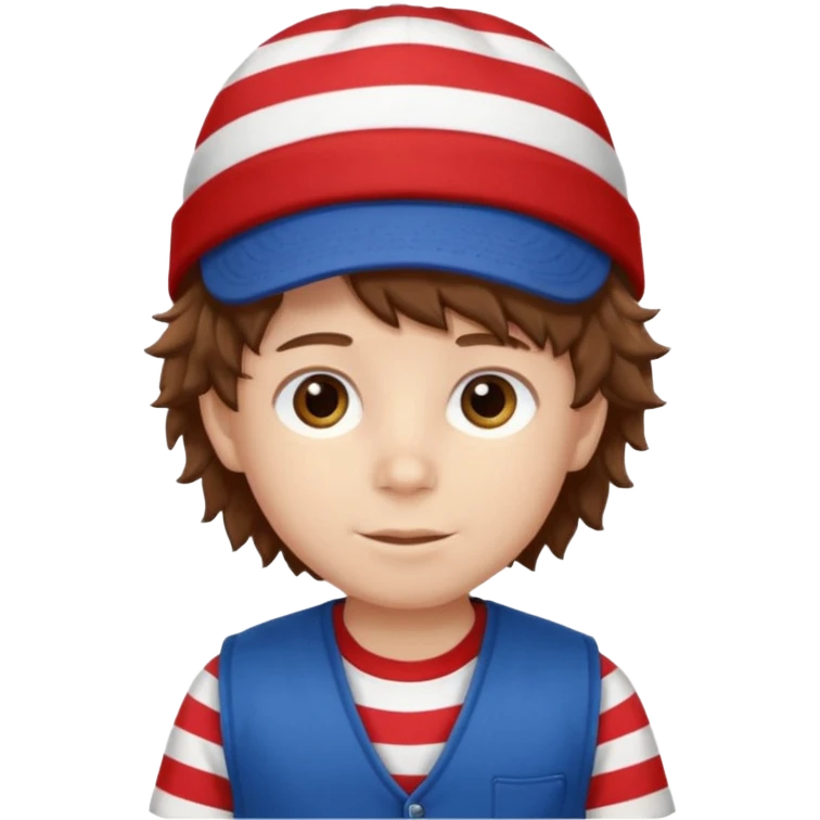 brown fluffy hair kid with blue and white hat dark blue jilet red t shirt emoji