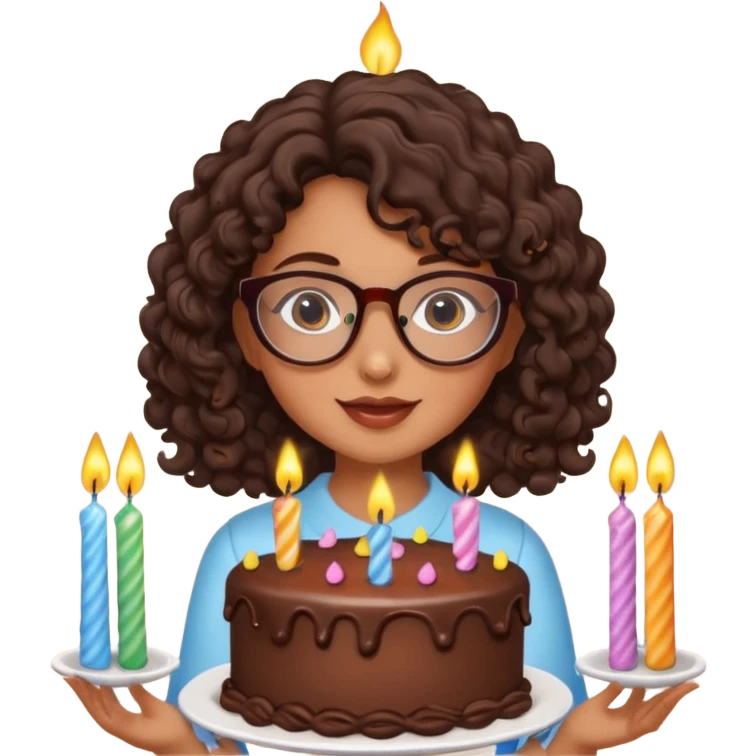 Tanned girl with dark brown curly hair wearing glasses with a cute birthday cake  emoji