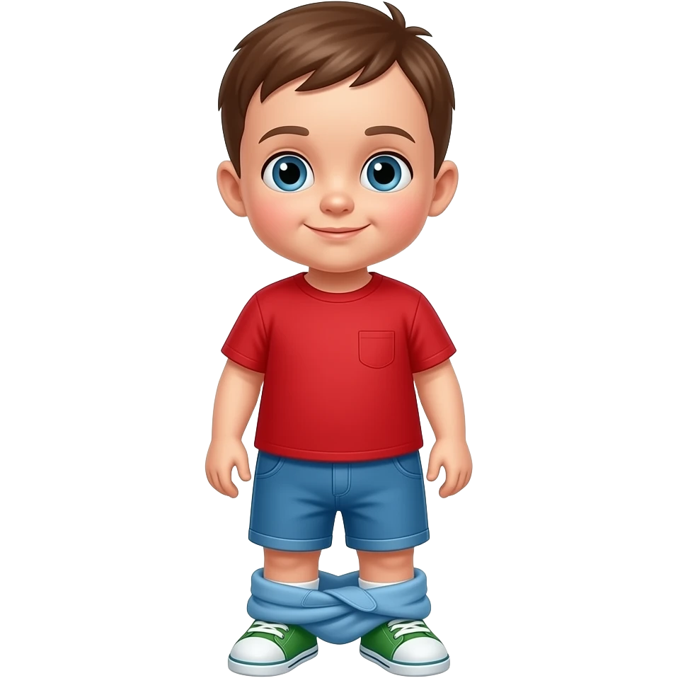 Potty training baby little boy with red T-shirt, blue shorts and green shoes emoji