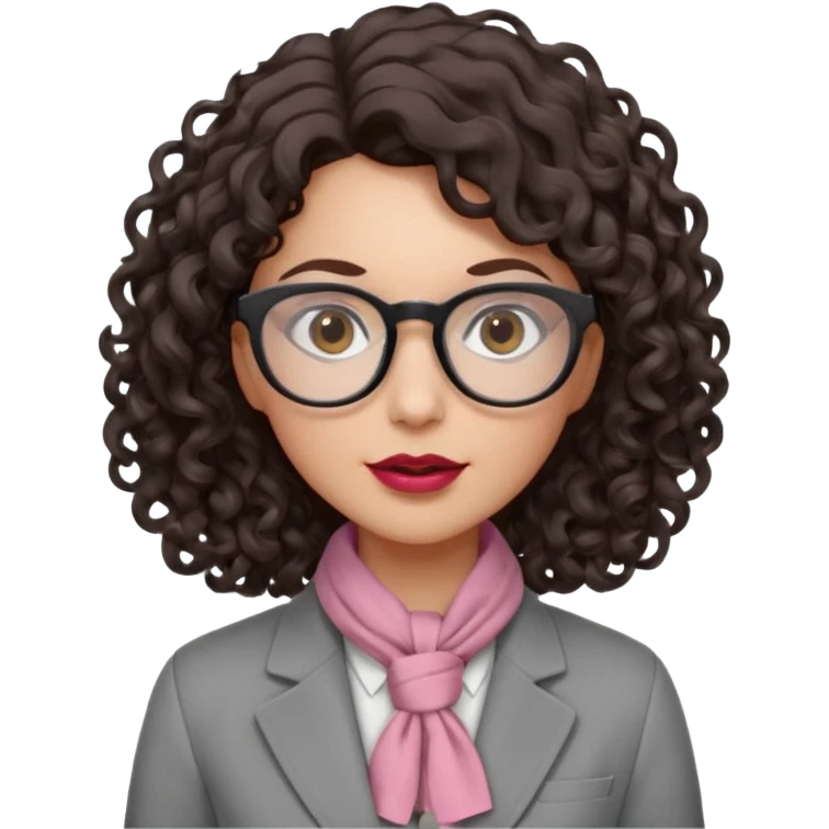 A crazy female scientist, with curly-wavy dark brown hair, brown eyes and light grey glasses and pale skin and pinkish lips, dressed to look like an english teacher but in neutral tones like grey black white, maybe with the pop of dark red emoji