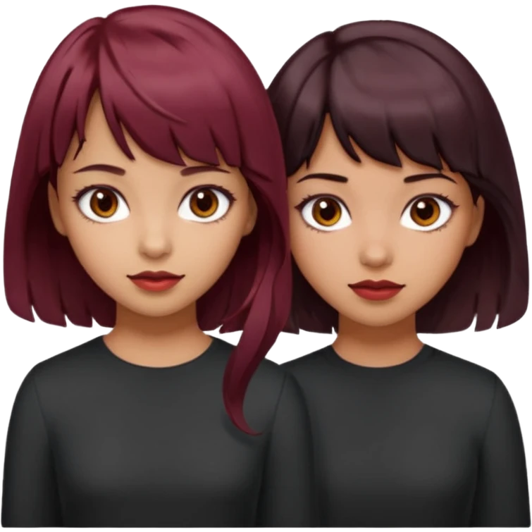 2 girls both tan skin. One with short length wavy burgundy hair, bangs and brown eyes, the other with medium length black hair with brown eyes  emoji