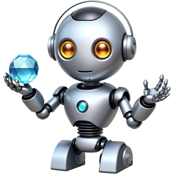 a cute robot holds a crystal ball emoji