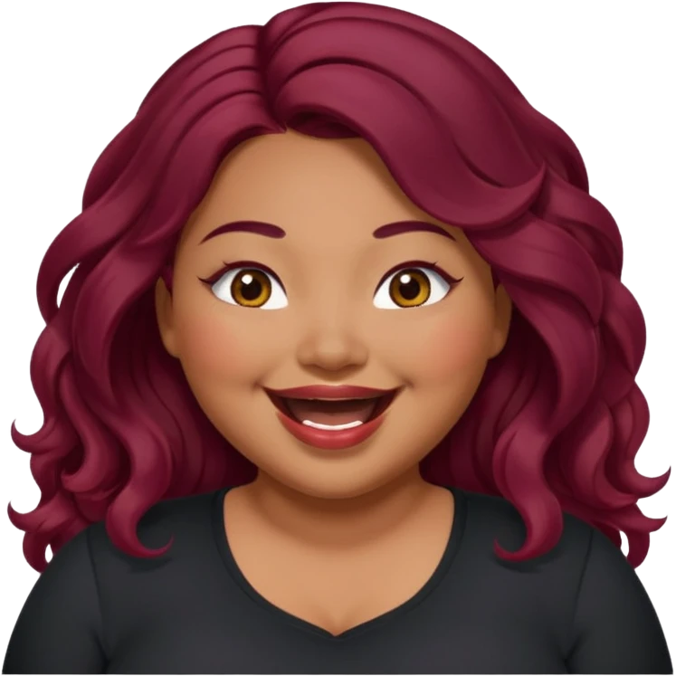 Plus size red hair brown face small eyes long hair Asian eyes small eyes wavy hair eye lashes burgundy hair black shirt laughing  emoji