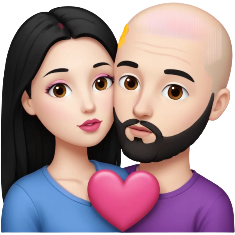 👩🏻‍❤️‍💋‍👨🏻 this one but the man should be bald. white woman with long black hair and white bald young man whoitiut hair and a heart between their heads. she has pink lips and both have brown eyes. he has e full beard but short. emoji