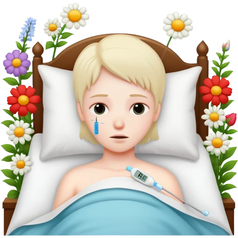sick person in bed with thermometer and flowers emoji