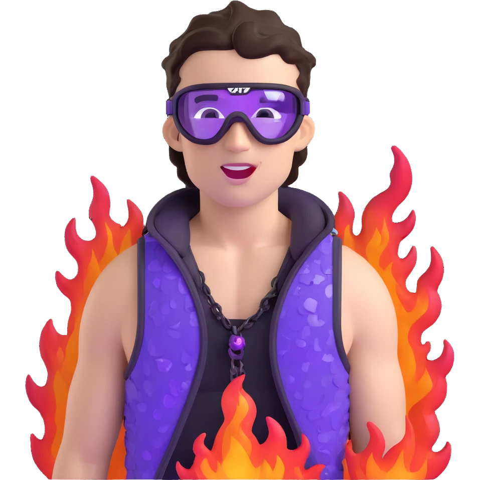 close-up of cool guy male athlete with white skin and moderately curly dark brown hair on top with shaved sides, with one purple ski goggle lens pushed up above his eyes on his forehead, sticking his tongue out of his mouth, wearing only a plain black chain necklace around his neck, and a completely unzipped sleeveless vest with purple and black sequin fire pattern design with no logo, clearly showing he is shirtless underneath with exposed chest and abs emoji