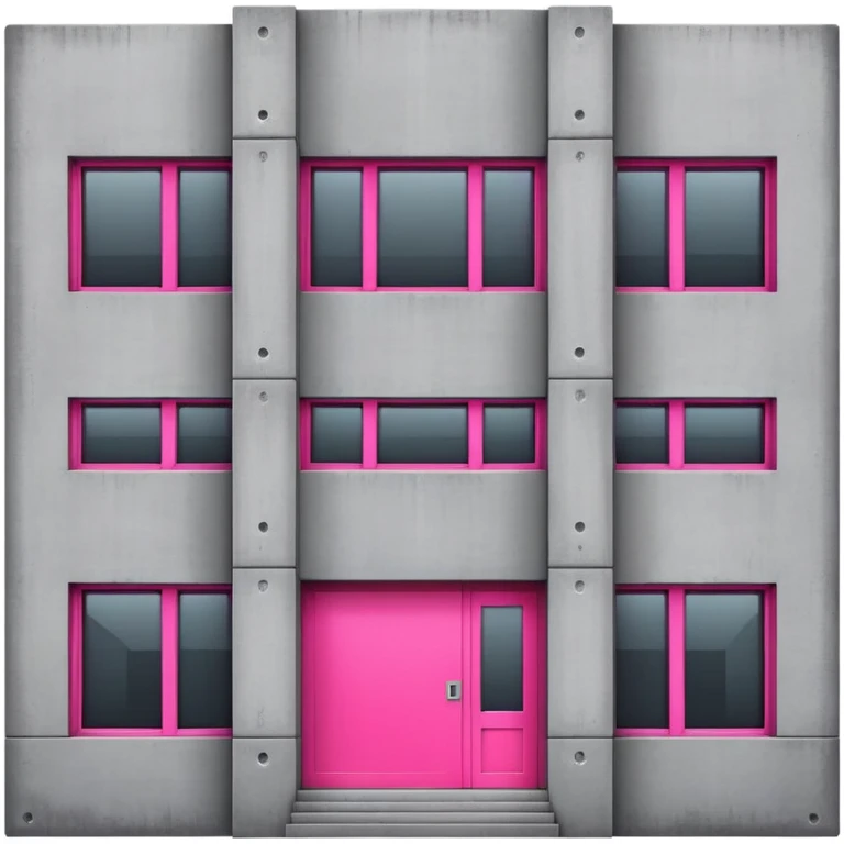 Gray concrete brutalist architecture with a single bright pink window and multiple regular windows emoji