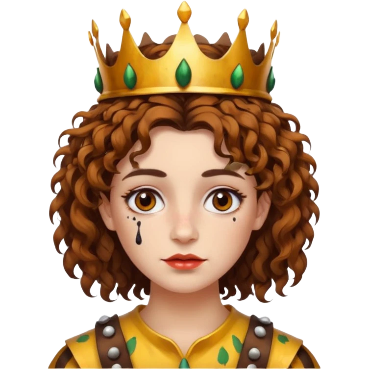 portrait woman short curly brown mullet hair brown eyes white skin with paint smeared cheeks and beetle crown emoji