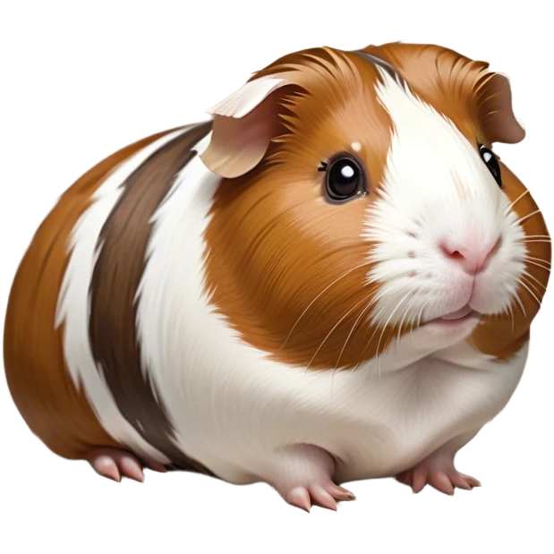 Cinematic Noble Brown and White Banded Guinea Pig Portrait Emoji, Poised and regal, with a compact, chubby build and a uniquely patterned fur of warm brown and crisp white banding, deep-set soulful dark eyes, Simplified yet sharp and sophisticated features, highly detailed, glowing with a soft, dignified glow, high shine, intelligent and charming, stylized with an air of distinctive elegance, focused and attentive, soft glowing outline, capturing the essence of a watchful and confident companion, so majestic it feels as though it could scurry out of the screen with effortless authority! emoji
