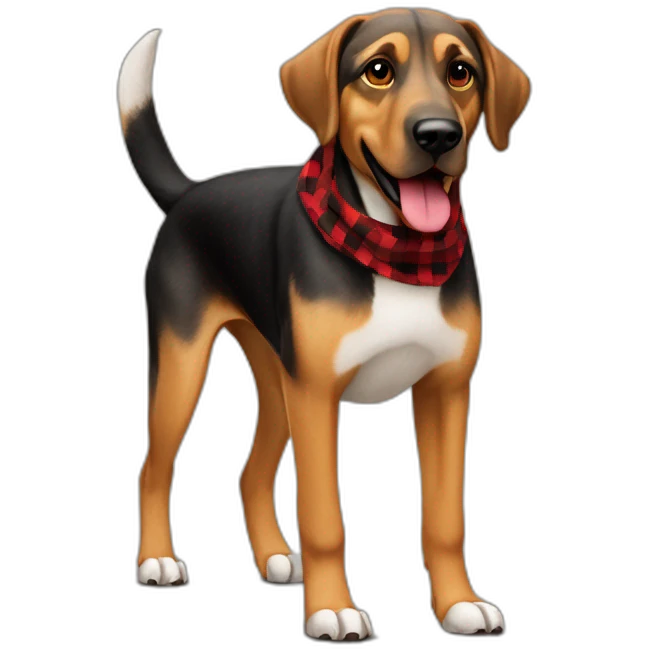 adult 75% Coonhound 25% German Shepherd mix dog with visible tail wearing small pointed red buffalo plaid bandana full body walking left quickly emoji
