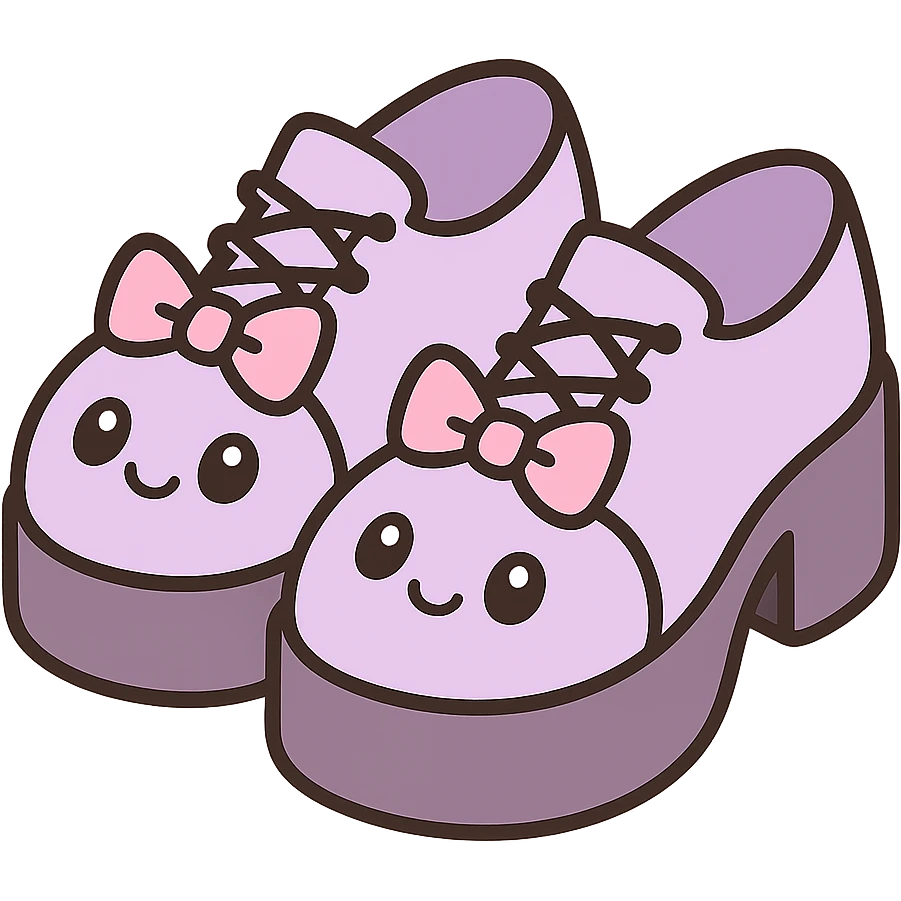 Make the shoes pastel purple with black and pink accents, kawaii style, no socks, no hearts, transparent background emoji