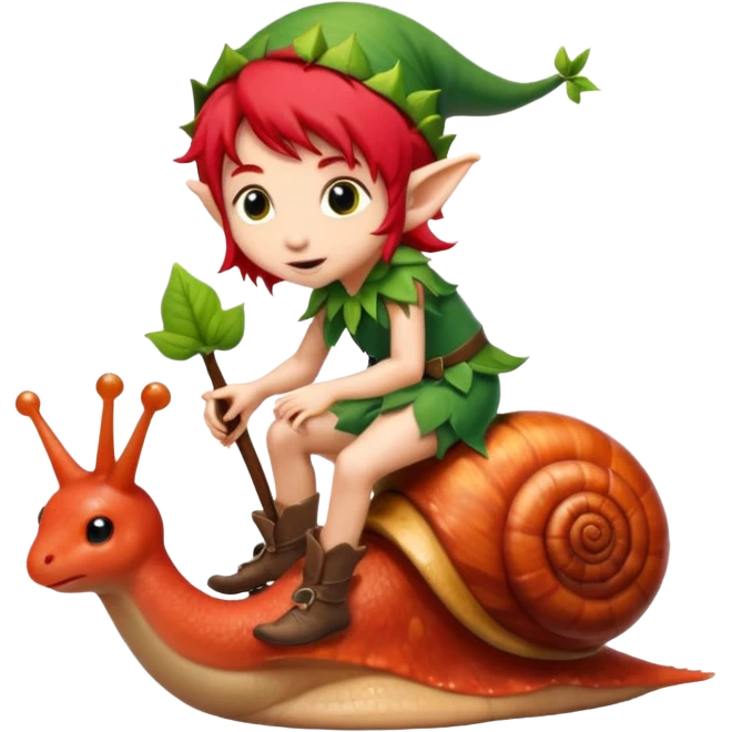 tiny forest elf with red hair riding snail emoji