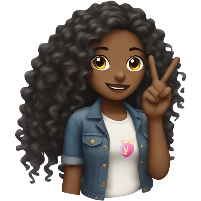 Black girls with long curly hair throwing up the peace sign emoji