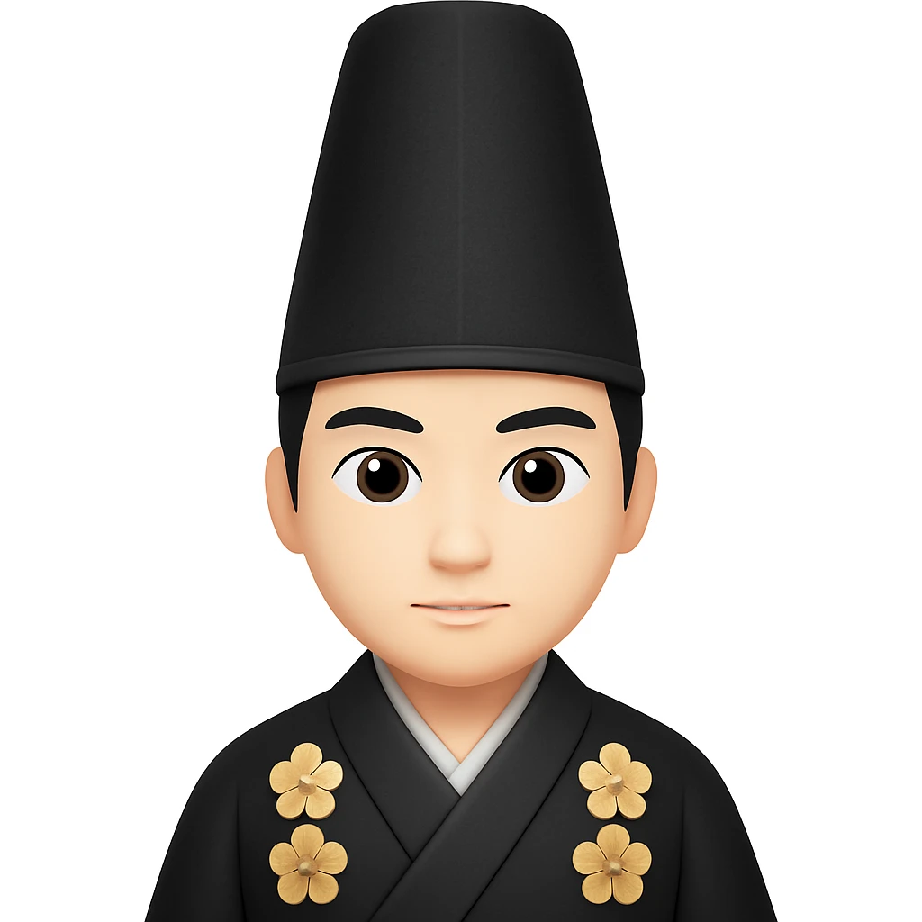Make the eboshi hat much taller, keeping the shogun in a long black kimono, in the style of emoji style emojis. The style should resemble apple style emojis with concise details. emoji