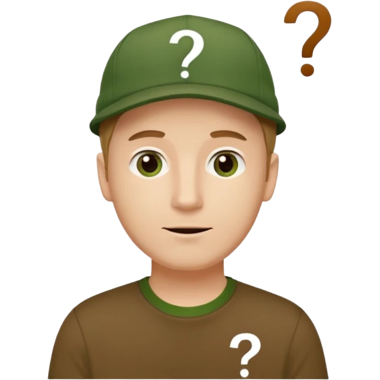 white fat man with brown cap and green t shirt printeed a question mark emoji