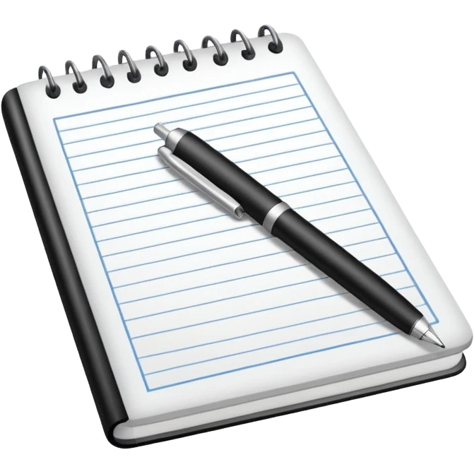 Front-facing notebook icon with a pen on the right side, minimal line-art, clean modern style, perfectly straight angle (no tilt), simple outlines, slightly 3D, no background, transparent, “documenting / journaling / tracking progress emoji