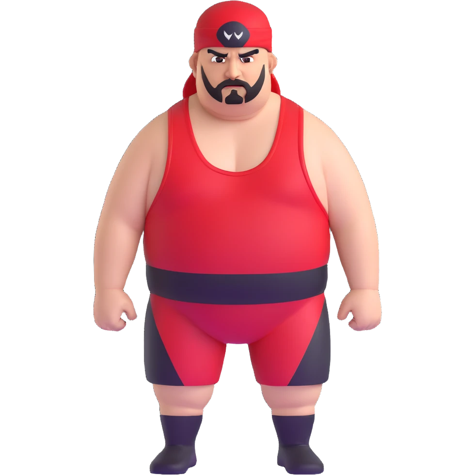 White skin fat guy with prominent black durag, shaved beard stubble, black eyes in a red and black wrestling singlet with angry face emoji