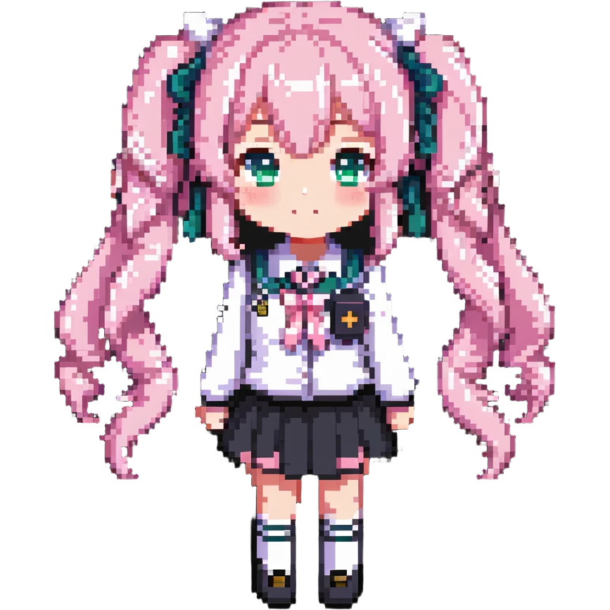 Pixel art anime girl with pink twin tails and school uniform, cute chibi style emoji