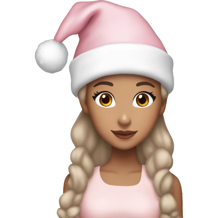 Ariana grande in a light pink christmas outfit wearing a light pink christmas hat emoji
