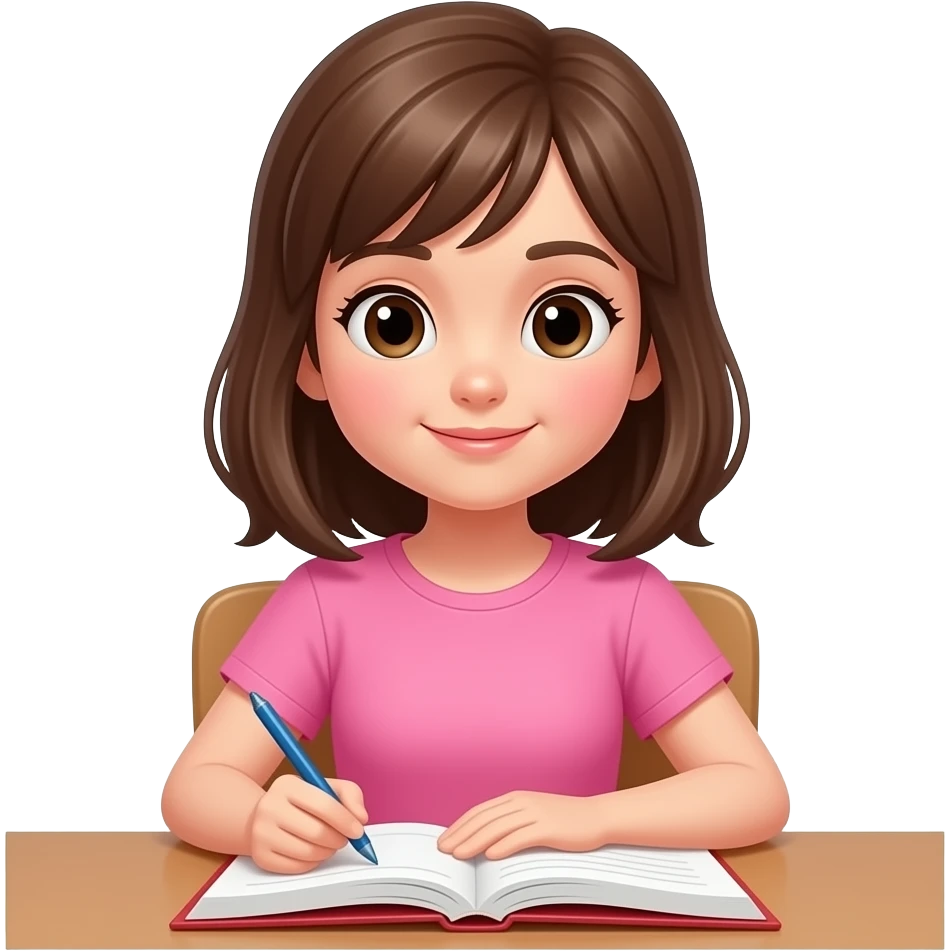 Barna hajú legyen rózsaszín felsőbe egy asztalnál üljön a lány és tanuljon emoji