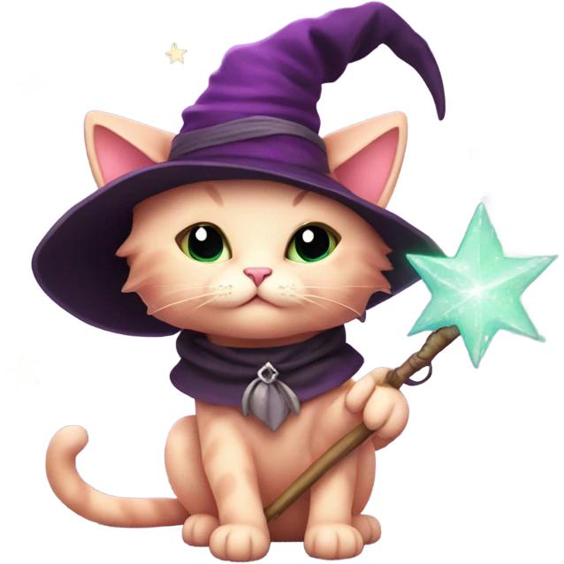 Pink kitty hold wand with witches hat with stars on it emoji