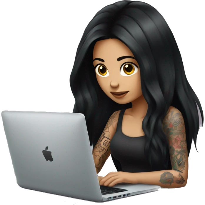 beautiful girl with tattoos, with long black hair, typing on laptop emoji