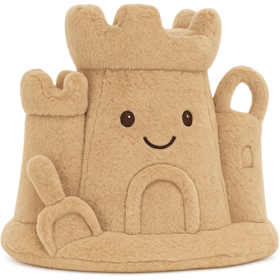 a stuffed animal jellycat shaped like a sand castle, soft plush texture, cute details emoji