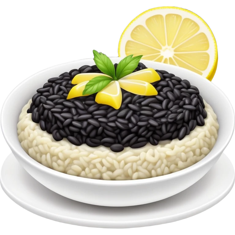 black risotto in a white bowl with a slice of lemon emoji